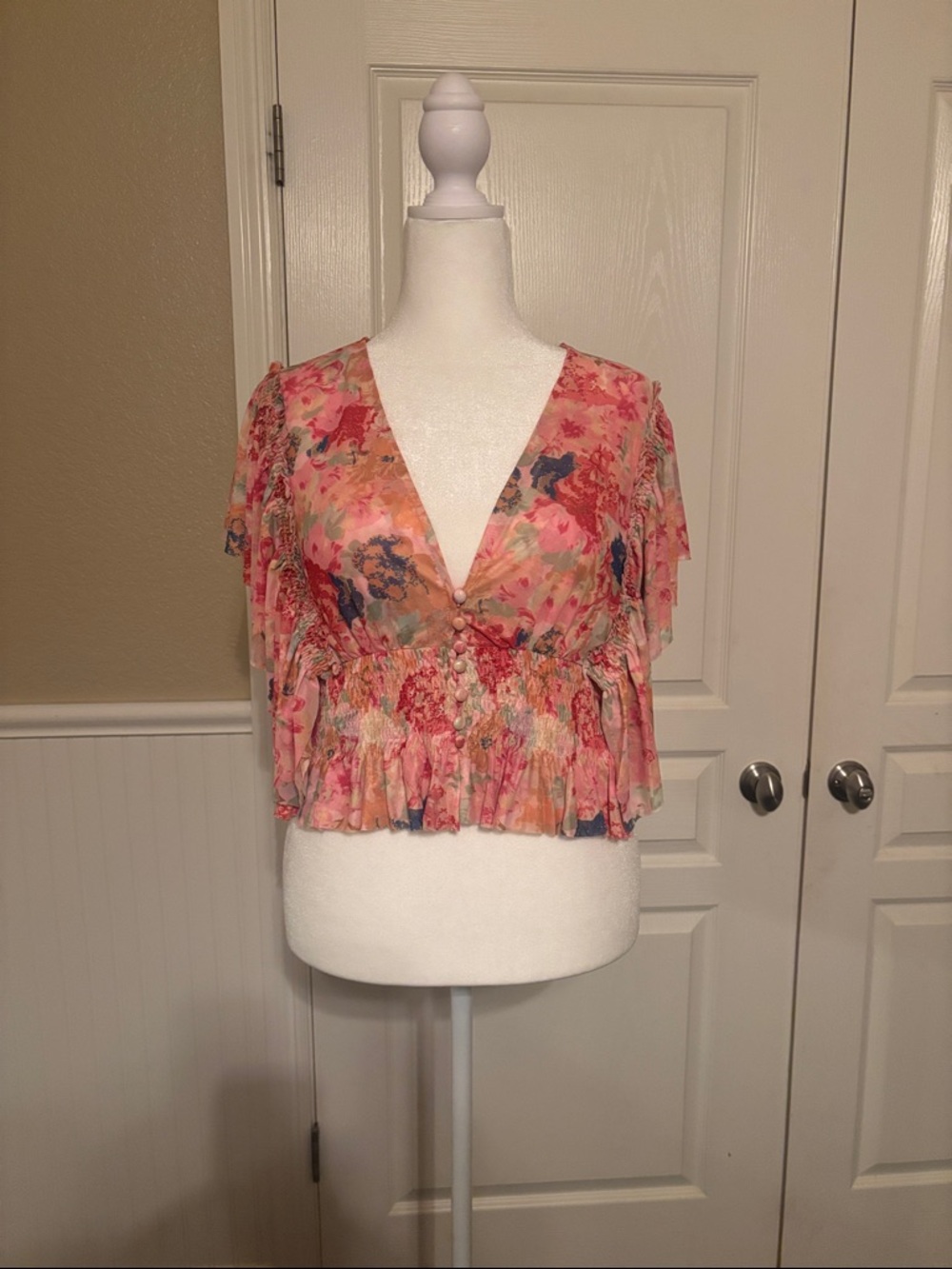 Free People Coral Pink Floral V-Neck Smocked Peplum Blouse